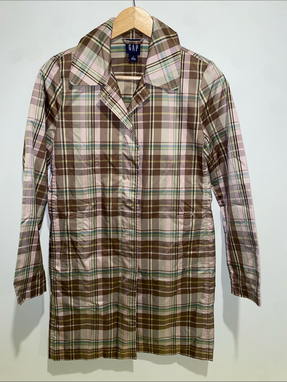 GAP Plaid Trench Coat in Brown, Pink & Green